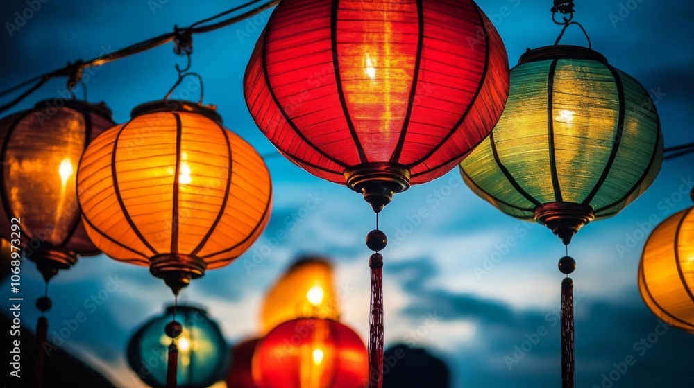 Obraz premium Colorful Lanterns Against a Dramatic Sky