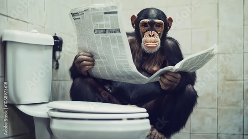 Chimpanzee on toilet sitting and reading newspaper