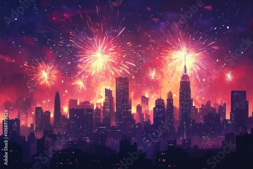 A vibrant firework display illuminates the night sky above a cityscape, creating a spectacle of color and light.