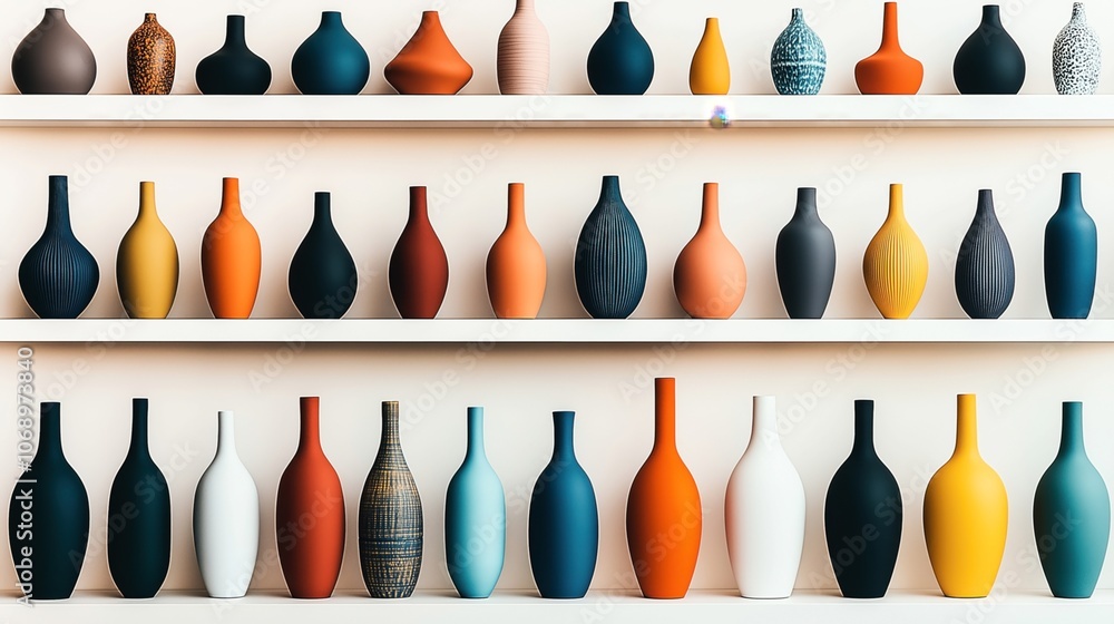 Collection of colorful ceramic vases arranged neatly on white shelves against a neutral background Collection of colorful ceramic vases arranged neatly on white shelves against a neutral background