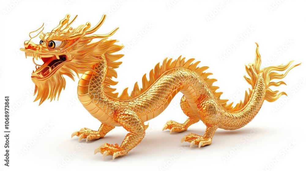 Fototapeta premium Chinese golden dragon isolated on white. Golden traditional chinese dragon isolated on white