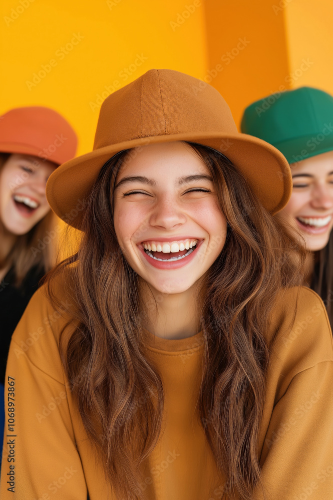 Joyful young women laughing together in colorful hats against a bright yellow background Joyful young women laughing together in colorful hats against a bright yellow background