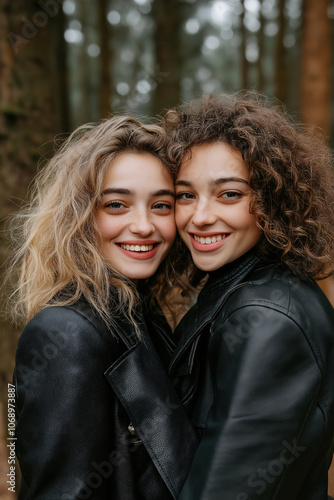 Two smiling friends embrace in a lush forest during a bright sunny day