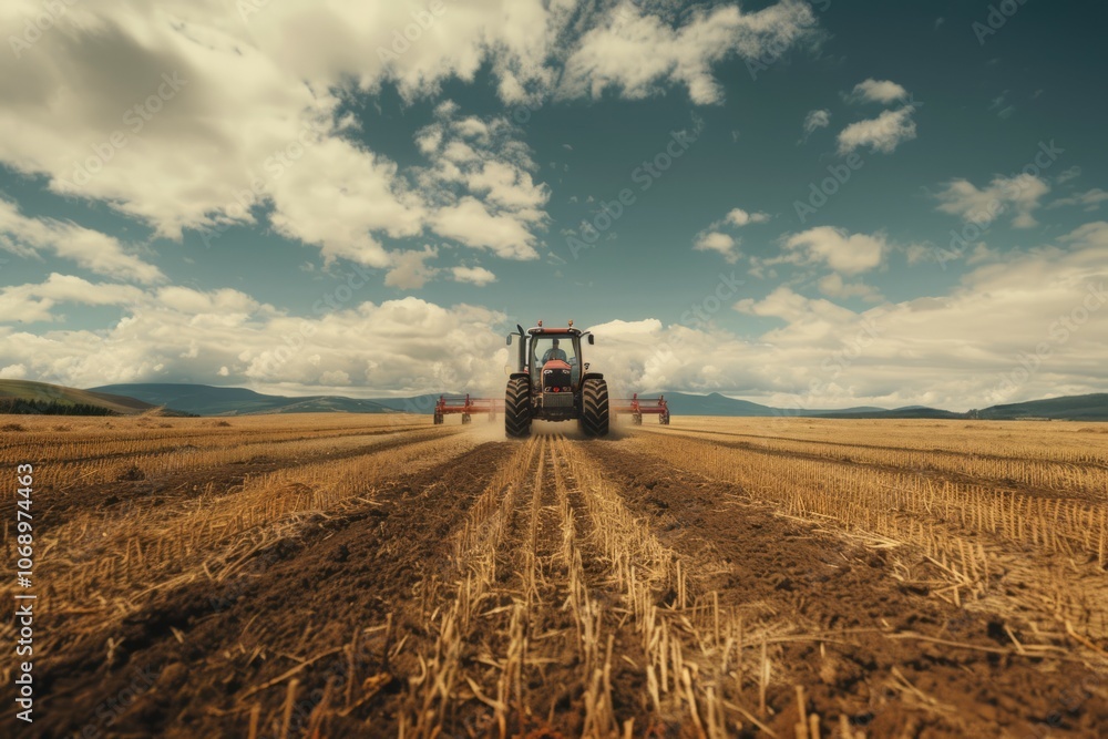 Farmer in tractor preparing land with seedbed cultivator as part of pre seeding activities. Neural network ai generated art Farmer in tractor preparing land with seedbed cultivator as part of pre seeding activities. Neural network ai generated art
