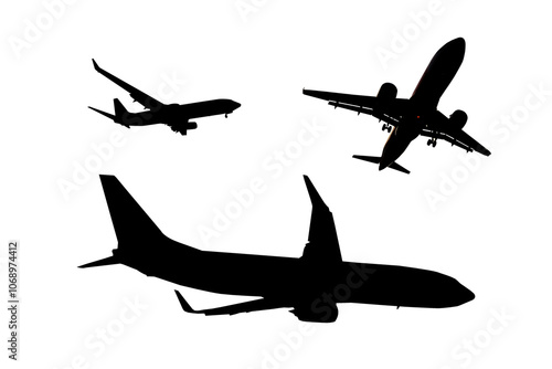 Silhouette of Three Airplanes on White Background Isolated for Aviation and Travel Stock Photography