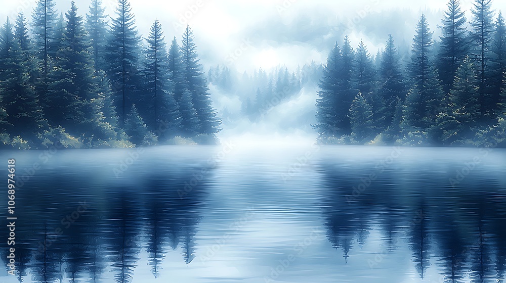 Fototapeta premium A serene, misty lake surrounded by tall evergreen trees, the fog reflecting on the calm surface of the water.