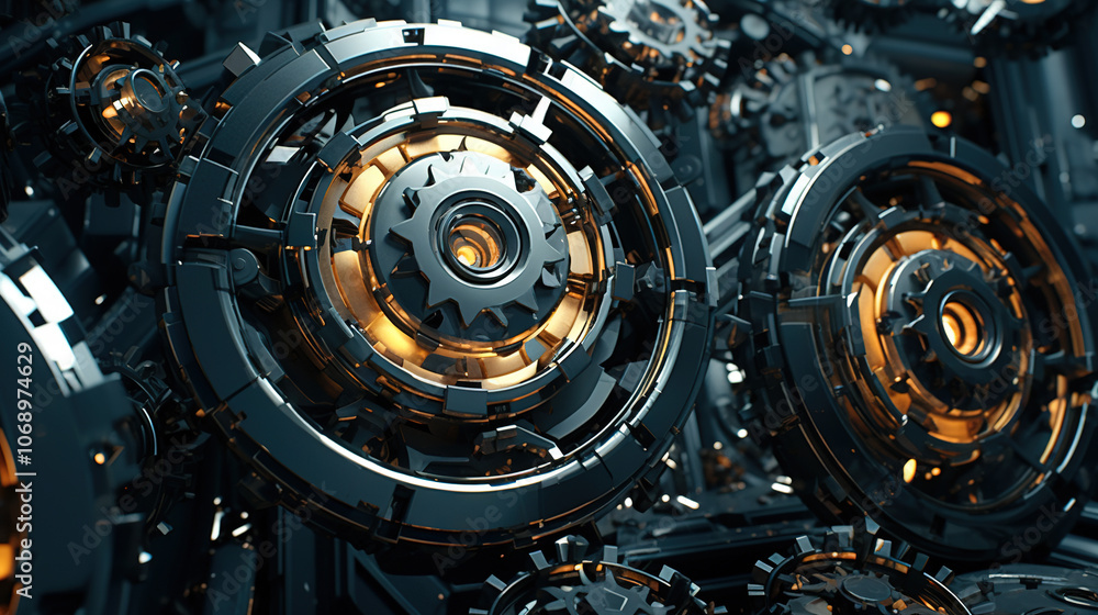 Technology or industrial background with abstract metallic gears in mechanism Technology or industrial background with abstract metallic gears in mechanism