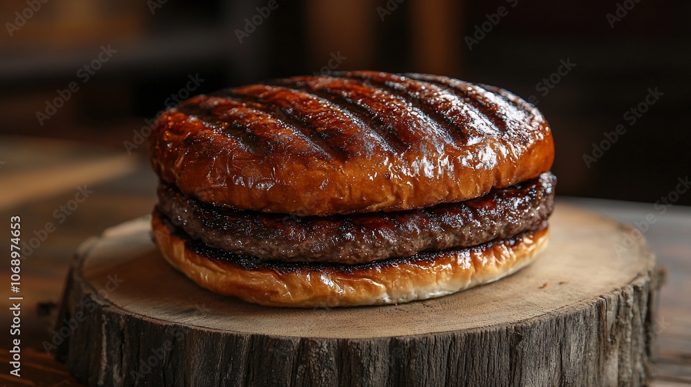 A close-up shot of a juicy burger with a toasted bun, cooked to perfection and placed on a wooden board. A close-up shot of a juicy burger with a toasted bun, cooked to perfection and placed on a wooden board.