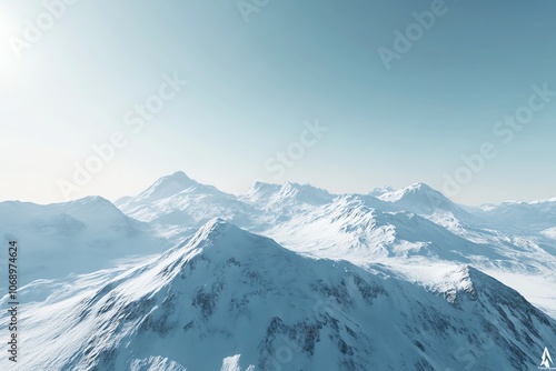 Vue aérienne d'une chaîne de montagnes enneigée sous un ciel dégagé..