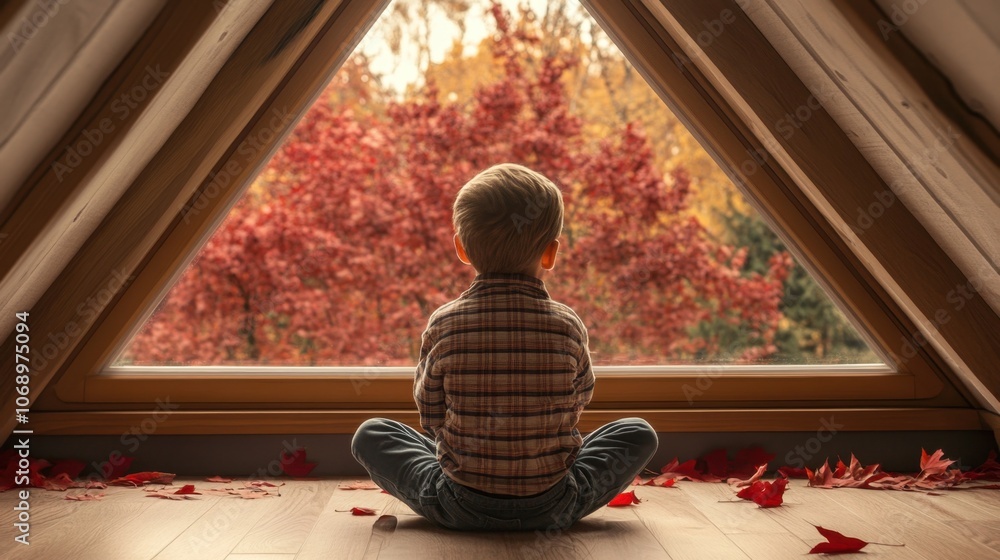 Child Gazing at Autumn Landscape from Window Child Gazing at Autumn Landscape from Window