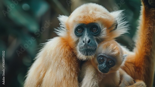 close up image of a mother yellow-cheeked siamang monkey with her child in the forest. photo