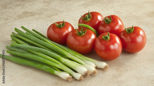 Fresh Tomatoes and Green Onions on a Neutral Surface