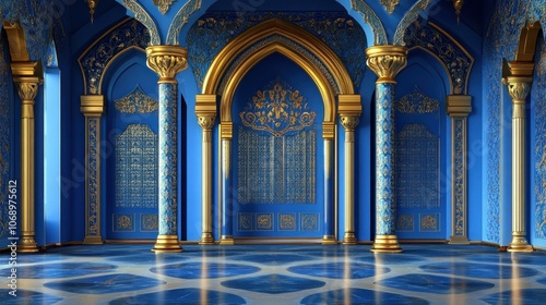 The royal palace's genuine dream blue interior. The palace is a golden blue color. interior of a castle photo