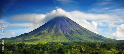Majestic Volcano Peak Shrouded in Clouds