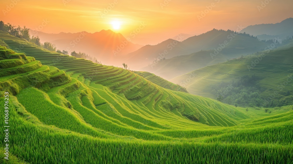 landscape of mist on green grassland on the hill,The orange light of the sun in morning landscape of mist on green grassland on the hill,The orange light of the sun in morning