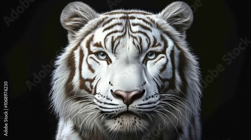 Closeup head of White siberian tiger on black background. Wildlife animal. digital art