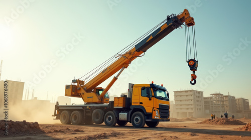 Construction site with a large mobile crane lifting materials at sunset