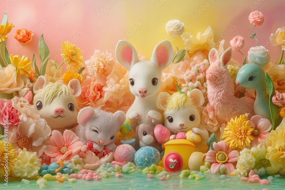 A group of cute animal figurines including a bunny, llama, and mice surrounded by colorful flowers and easter eggs. A group of cute animal figurines including a bunny, llama, and mice surrounded by colorful flowers and easter eggs.