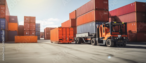 Forklift Loading Cargo Containers at Industrial Port photo