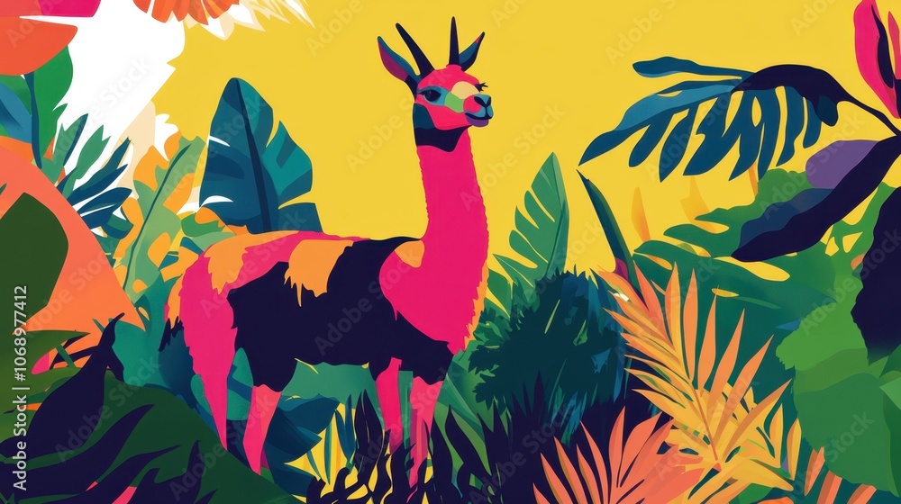 Naklejka premium Colorful Llama in Vibrant Tropical Landscape