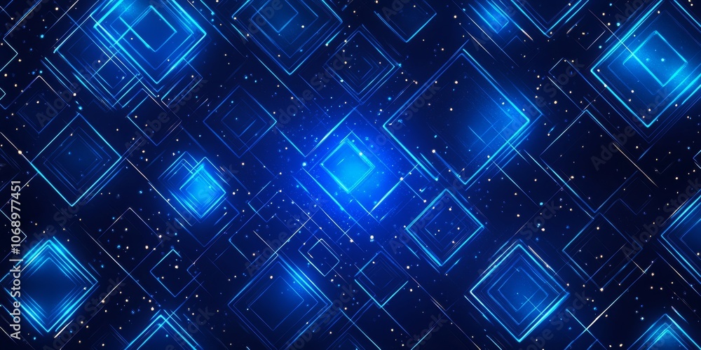 Fototapeta premium A digital grid with neon blue squares and glowing points on a dark blue background, creating a modern tech-inspired seamless pattern