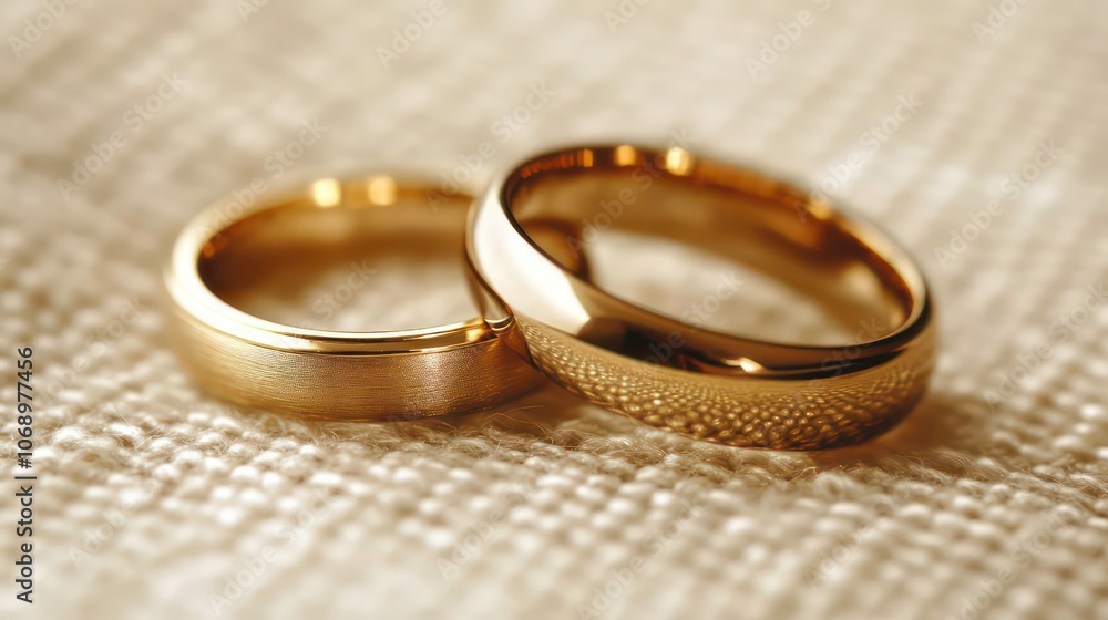 Two gold wedding bands resting on a textured surface, symbolizing love and commitment. Two gold wedding bands resting on a textured surface, symbolizing love and commitment.