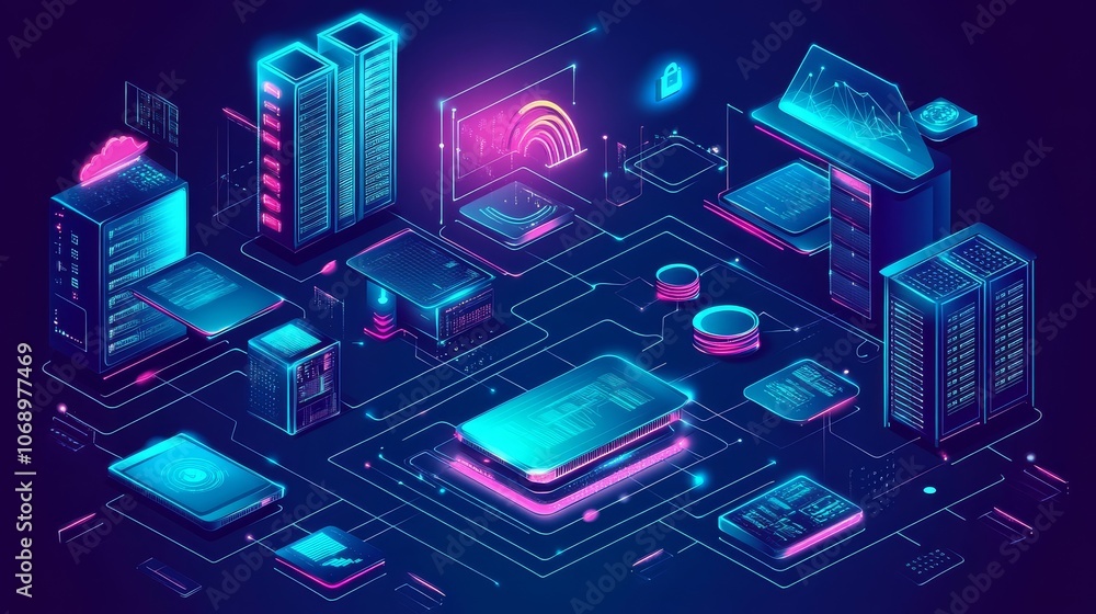 Visual representation of a digital datacenter with cloud storage solutions. Visual representation of a digital datacenter with cloud storage solutions.