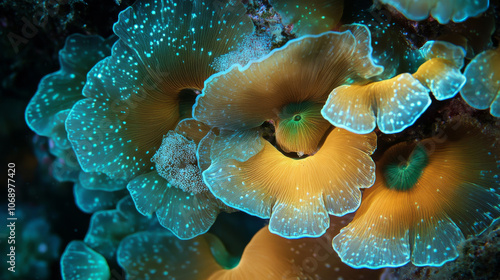 Vibrant Coral Reef, Underwater Macro, Teal and Gold Polyps, Close-up, Ocean