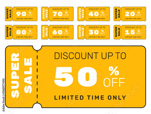 Set of sales, yellow coupons, super sale banner, special offer, discount banner template, 50, 40, 60, 70 labels collection