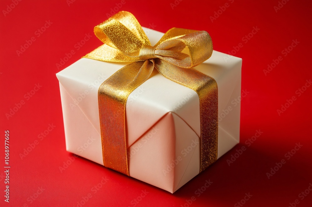 Fototapeta premium Beautiful white gift box tied with a golden ribbon on a red background, perfect for special occasions like Christmas or birthdays