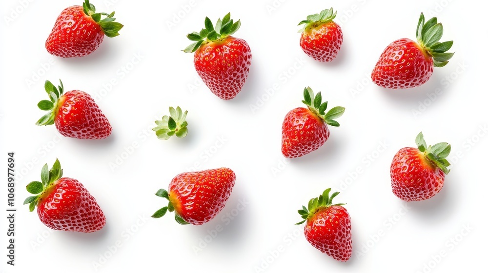 A flat lay of fresh strawberries arranged on a white background, featuring red berries with green leaves and a single green strawberry leaf. A flat lay of fresh strawberries arranged on a white background, featuring red berries with green leaves and a single green strawberry leaf.