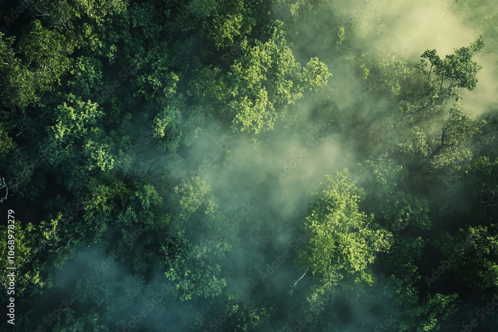 Fototapeta premium Capture aérienne d'une forêt brumeuse à l'aube..