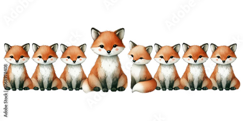 Row of cute foxes in various sizes with natural orange and white fur, sitting together on a transparent background. photo