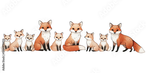 Row of cute foxes in various sizes with natural orange and white fur, sitting together on a transparent background. photo