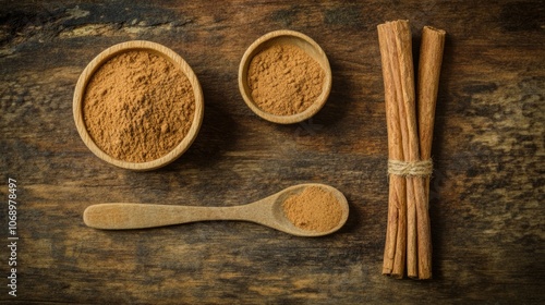 Sticks of cinnamon on a wooden table. Add the cinnamon powder to a bowl and spoon. Sri Lankan cinnamon is known as Ceylon cinnamon.