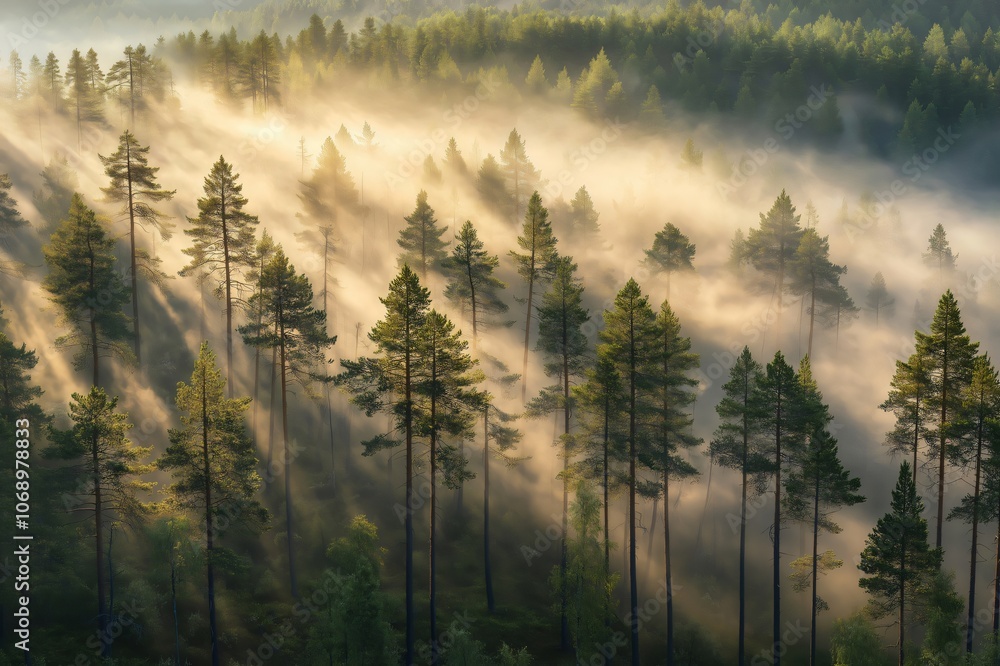 Golden sun rays illuminating a thick morning fog rolling through a dense coniferous forest Golden sun rays illuminating a thick morning fog rolling through a dense coniferous forest