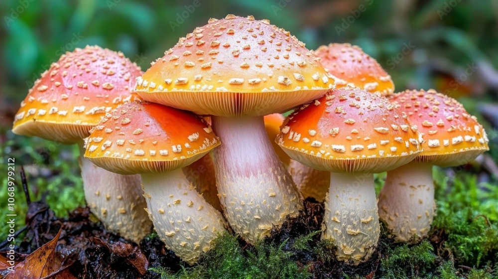 Fototapeta premium Vibrant Mushrooms in Lush Green Environment