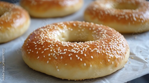 Freshly Baked Sesame Bagels on Baking Paper