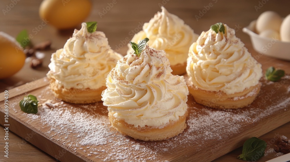 Delightful Creamy Cupcakes on Wooden Board