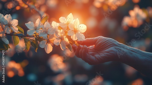 Hand Reaching for Blossoms in Soft Evening Light