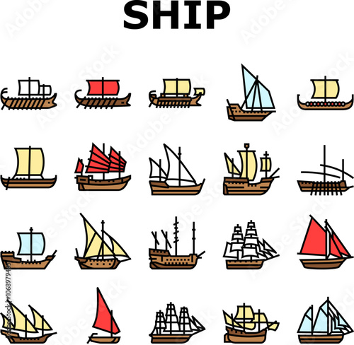 ancient ship maritime vessel icons set vector. navigation exploration, trade archaeology, discovery seafaring, shipwreck galleon ancient ship maritime vessel color line illustrations