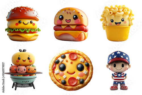  Fun and colorful American and Fast food in kawaii style. Smiling and friendly hamburguers, hot-dog, pizza, soda and more. Transparent PNG photo