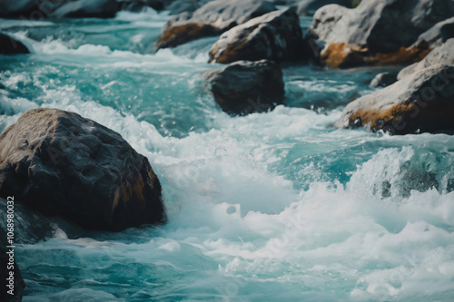 River water flowing rapidly and forming white foam as it crashes against boulders photo