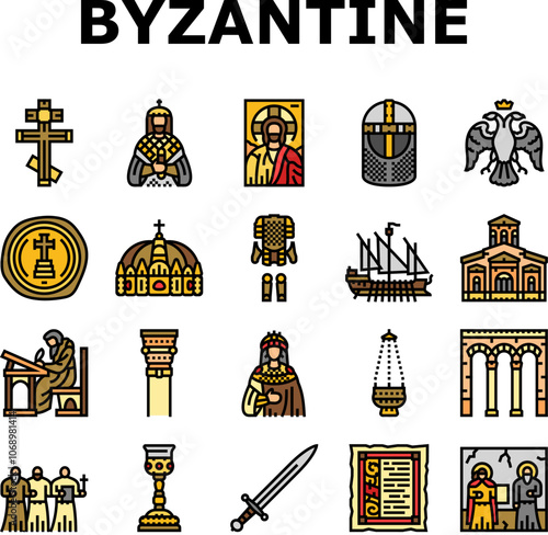 byzantium empire justinian icons set vector. hagia theodora, mosaics orthodox, iconoclasm nicaea, heraclius procopius, greek byzantium empire justinian color line illustrations