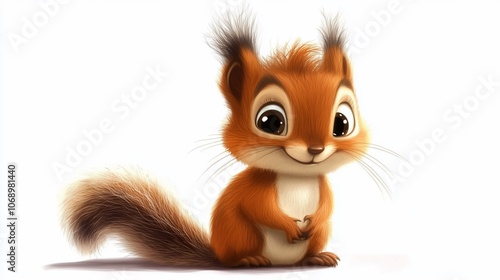 Adorable cartoon squirrel with big eyes and fluffy tail sitting on a white background.