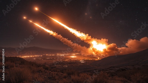 Nighttime Missile Launch in Dramatic Fireball Scene