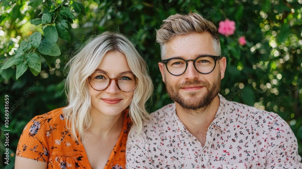 Fototapeta premium Caucasian american man and woman are posing for a picture. The woman is wearing an orange shirt and the man is wearing glasses. Scene is happy and friendly