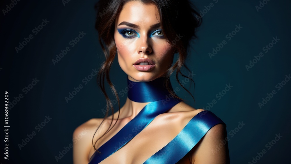 Fototapeta premium Fashion-forward body art featuring tape on face and neck, creating a unique, modern aesthetic