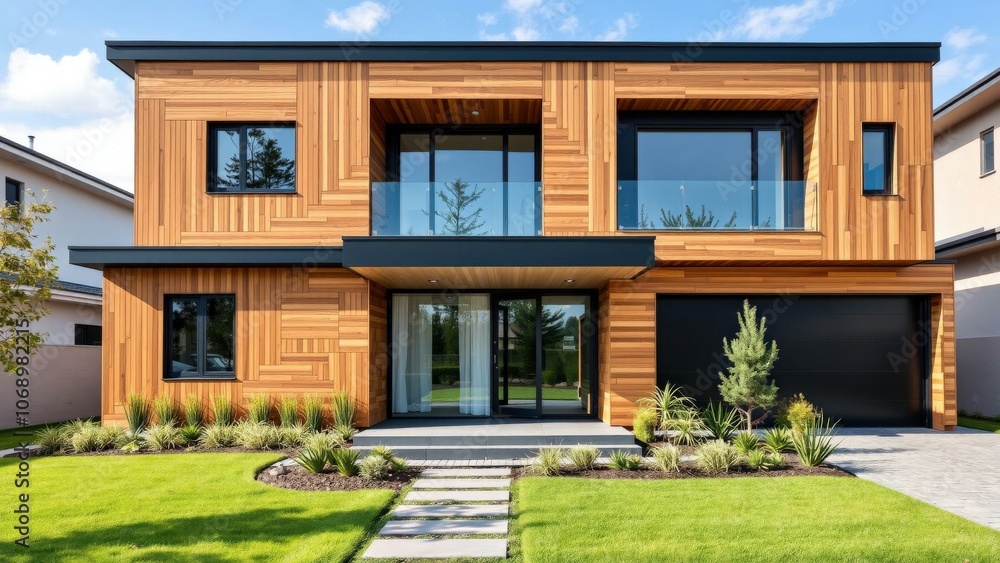 Modern Wooden House with Large Windows and Lush Green Lawn - Perfect for Contemporary Living Modern Wooden House with Large Windows and Lush Green Lawn - Perfect for Contemporary Living