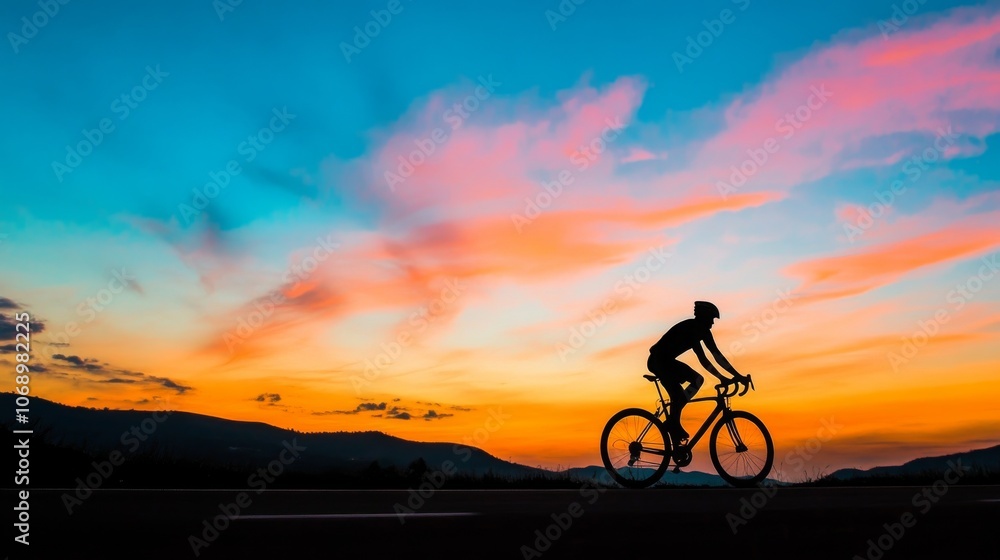 Fototapeta premium Silhouette of Cyclist Against Vibrant Sunset Sky